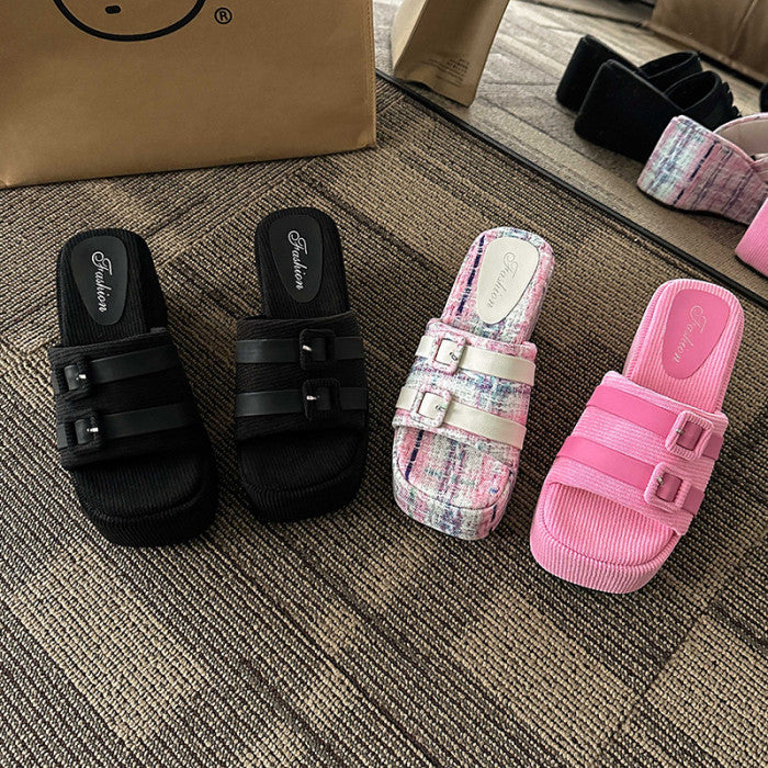 Velvet Buckle Wedge Heels