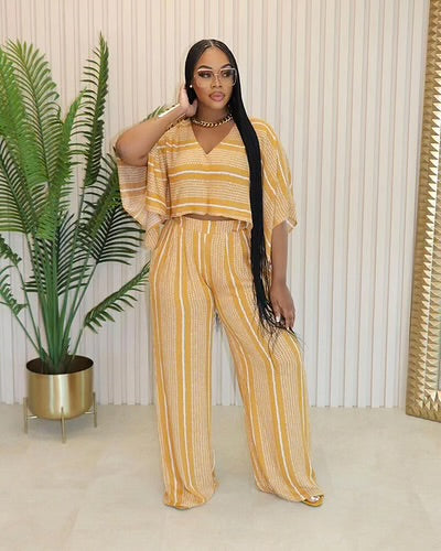 Yellow Stripped 2-Piece Pants Set