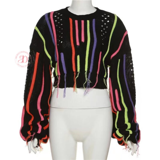 Neon Fringed Cropped Sweater